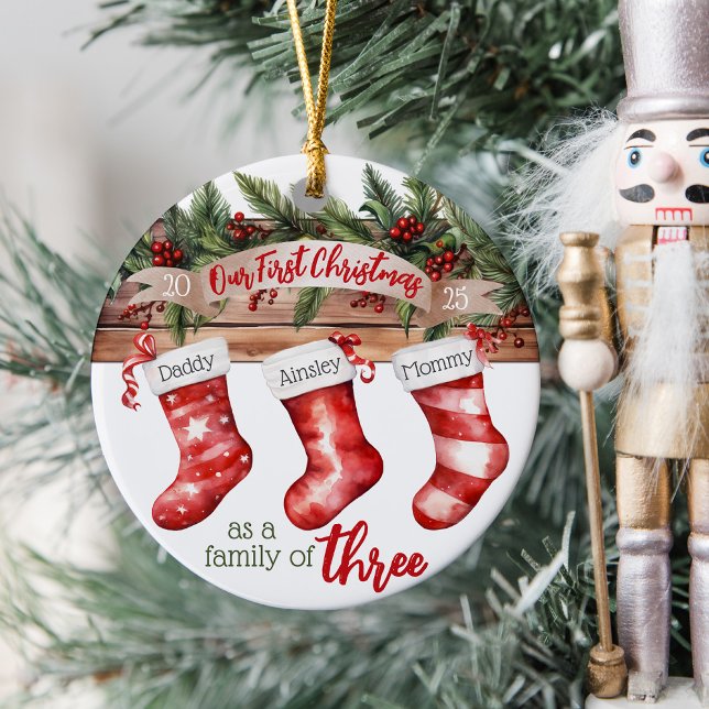 Our First Christmas Family of 3 Custom Stockings Ceramic Tree Decoration (Cute personalized name stockings our first Christmas as a family of three, year, baby's 1st ornament)