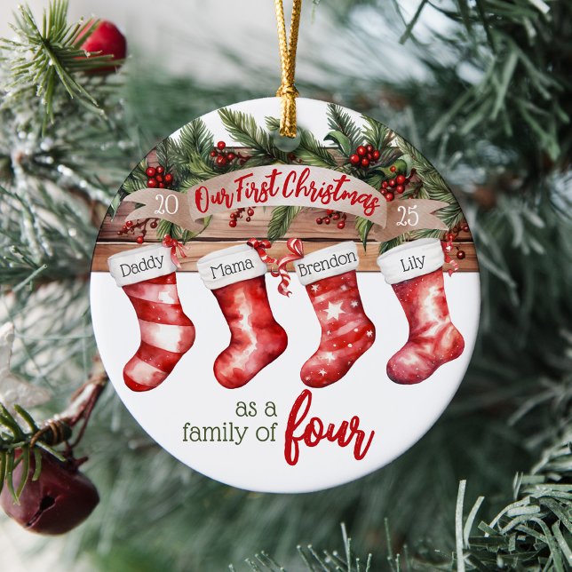 Our First Christmas Family of 4 Custom Stockings Ceramic Tree Decoration (Cute personalized name stockings our first Christmas as a family of four, year, baby's 1st ornament)