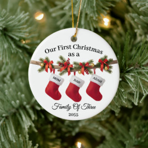 Our First Christmas Family of Three Stockings Ceramic Tree Decoration