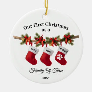 Our First Christmas Family of Three with Cat Dog Ceramic Tree Decoration