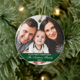 Our First Christmas Family Photo Green Ceramic Tree Decoration