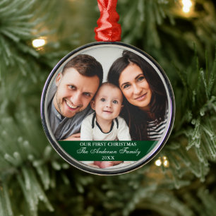 Our First Christmas Family Photo Green Metal Tree Decoration