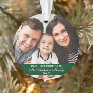 Our First Christmas Family Photo Green Ornament