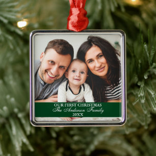 Our First Christmas Family Photo Green Square Metal Tree Decoration