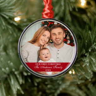 Our First Christmas Family Photo Red Metal Tree Decoration
