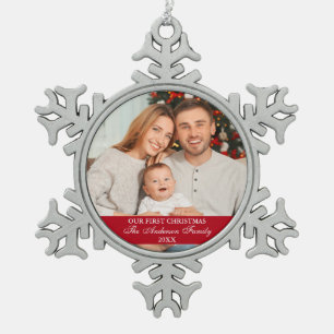 Our First Christmas Family Photo Red Snowflake Pewter Christmas Ornament