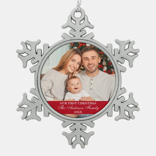 Our First Christmas Family Photo Red Snowflake Pewter Christmas Ornament (Front)