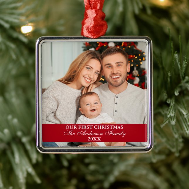 Our First Christmas Family Photo Square Red Metal Tree Decoration (Tree)