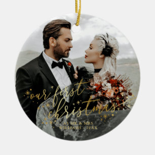 Our First Christmas Faux Gold Script Wedding Photo Ceramic Tree Decoration