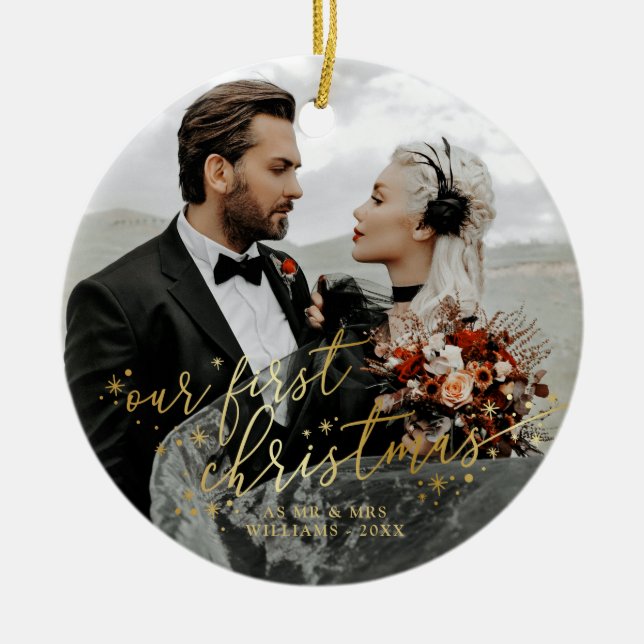 Our First Christmas Faux Gold Script Wedding Photo Ceramic Tree Decoration (Front)