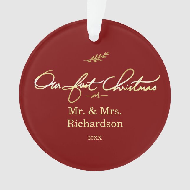 Our First Christmas Festive Hand-Lettered Photo Ornament (Front)
