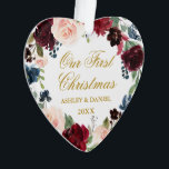 Our First Christmas Floral Gold PHOTO Back Heart Ornament<br><div class="desc">Our First Christmas Watercolor Burgundy Marsala Blue Floral Wreath Gold Script Heart Ornament - Photo Back</div>