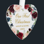 Our First Christmas Floral Gold PHOTO Back Heart Ornament<br><div class="desc">Our First Christmas Watercolor Burgundy Marsala Blue Floral Wreath Gold Script Heart Ornament - Photo Back</div>
