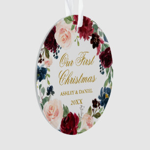 Our First Christmas Floral Gold PHOTO Back Ornament