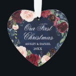 Our First Christmas Floral PHOTO Back Heart Ornament<br><div class="desc">Our First Christmas Watercolor Burgundy Marsala Blue Floral Wreath Heart Ornament - Photo Back</div>