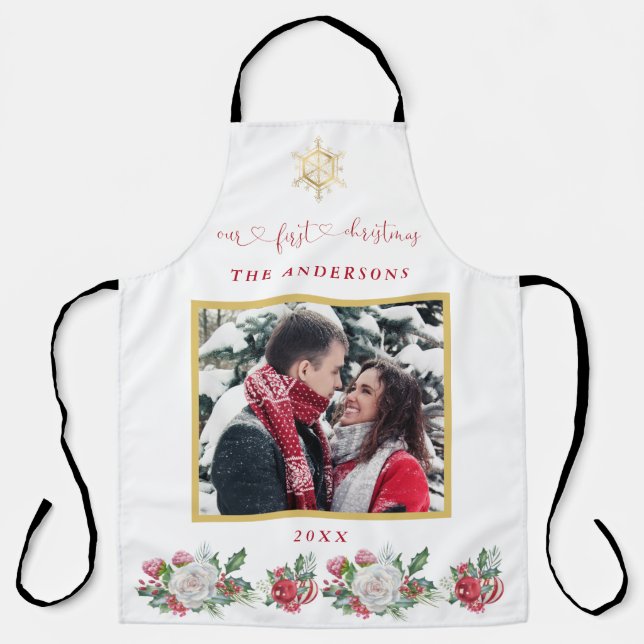 Our First Christmas Floral Snowflake Photo Wedding Apron (Front)