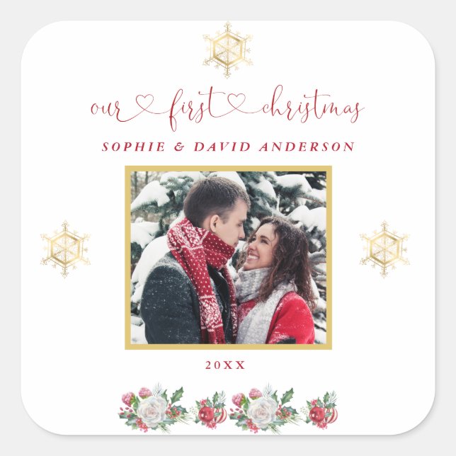 Our First Christmas Floral Snowflake Photo Wedding Square Sticker (Front)