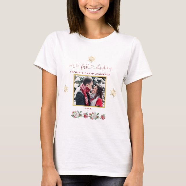 Our First Christmas Floral Snowflake Photo Wedding T-Shirt (Front)