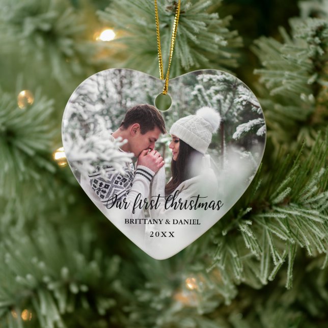 Our First Christmas Front and Back Photo Heart Ceramic Tree Decoration (Tree)