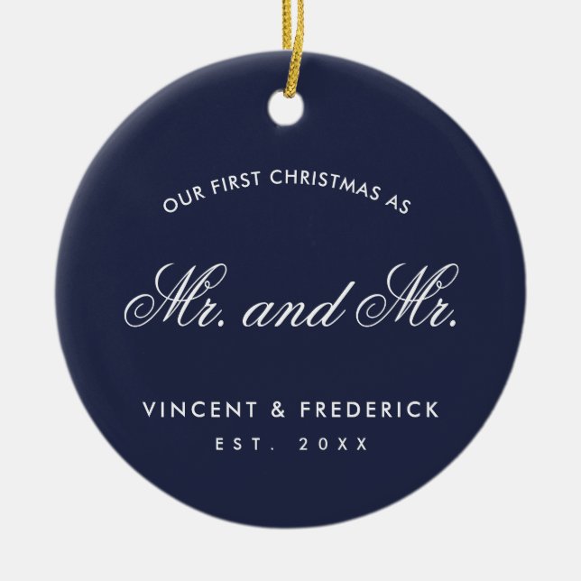 Our First Christmas Gay Newlywed Photo Navy Blue Ceramic Tree Decoration (Front)