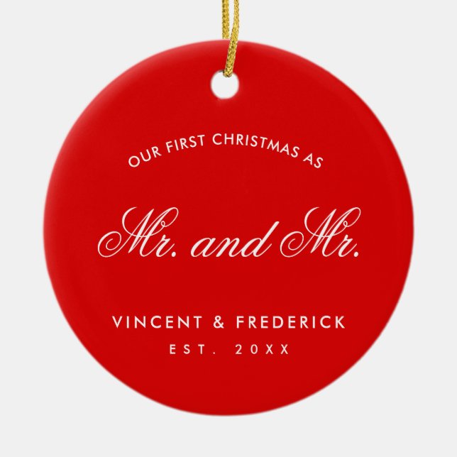 Our First Christmas Gay Newlywed Photo Red Ceramic Tree Decoration (Front)