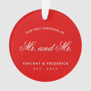 Our First Christmas Gay Newlywed Photo Red Ornament