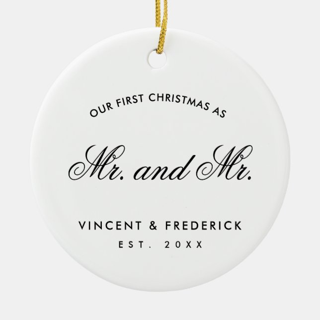 Our First Christmas Gay Newlywed Photo White Ceramic Tree Decoration (Front)