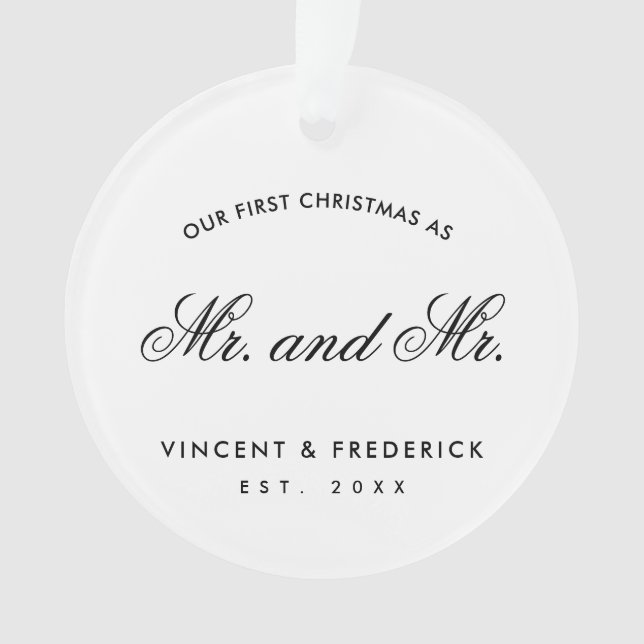 Our First Christmas Gay Newlywed Photo White Ornament (Front)