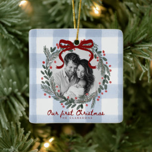 Our First Christmas Gingham Wreath Photo Ornament