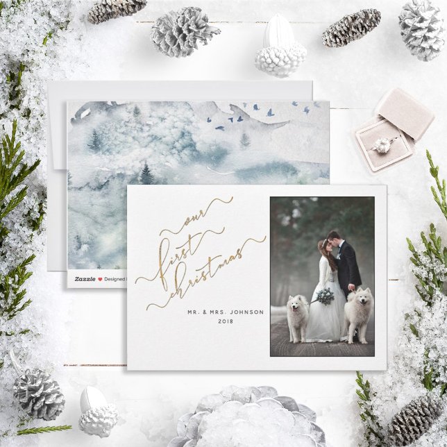 OUR FIRST CHRISTMAS Gold Script Photo Mr. & Mrs. Holiday Card (Creator Uploaded)
