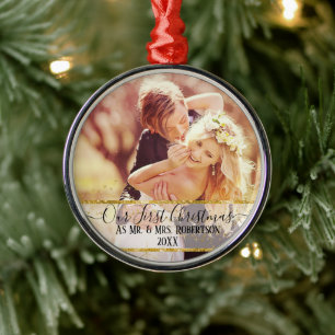 Our First Christmas Gold Sparkle Glitter Mr n Mrs. Metal Tree Decoration