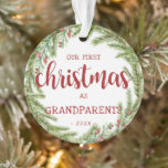 Our First Christmas Grandparents Pine Photo Ornament<br><div class="desc">Celebrate your First Christmas as Grandparents with this watercolor pine and berries wreath photo ornament. Adding a favourite photo and text to this one of a kind design for a festive accent to your Christmas tree. It's easy to personalise to be uniquely yours.</div>