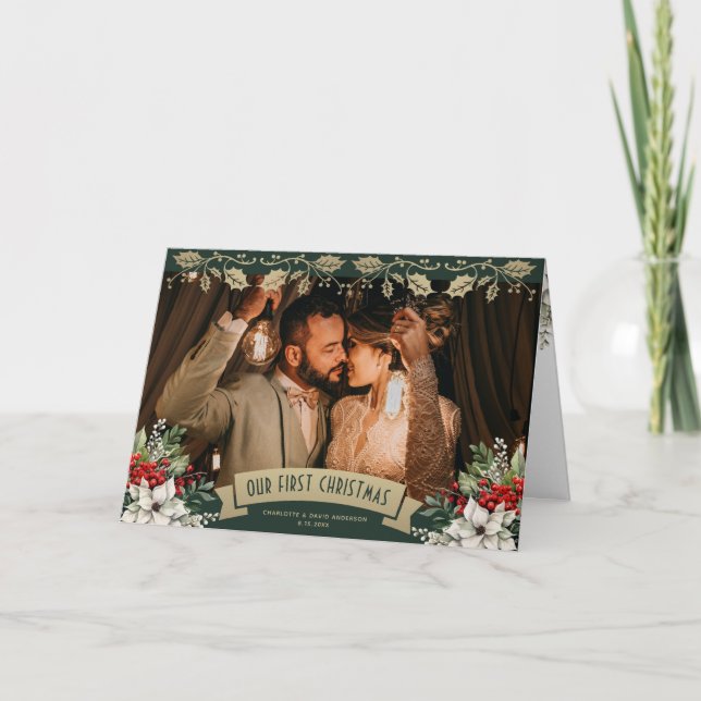 Our First Christmas Green Newlywed Photo Holiday Card (Front)