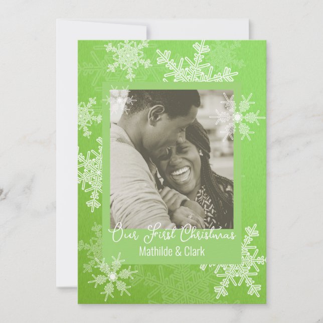 Our First Christmas Green Snowflakes Minimalist  Holiday Card (Front)