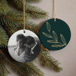 Our First Christmas Green Sprout Ceramic Ornament<br><div class="desc">Elegant emerald green ceramic ornament featuring "Our first Christmas as Mr & Mrs" on the front and a hand-drawn botanical sprout on the backside. Choose your favourite photo and fill in your exciting new details for a tree decoration you'll treasure forever.</div>