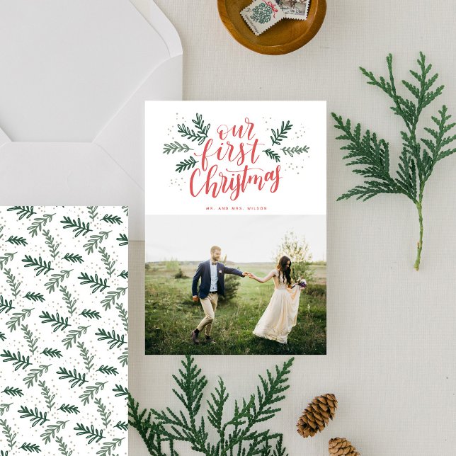 Our First Christmas Hand-lettered Newlywed Photo Holiday Card (Creator Uploaded)