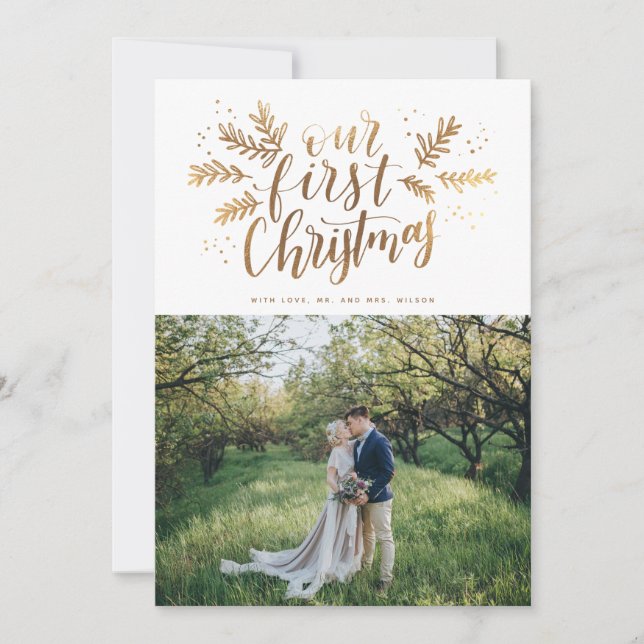 Our First Christmas Hand-lettered Newlywed Photo Holiday Card (Front)