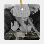 Our First Christmas Hand Lettered Photo Ceramic Ornament<br><div class="desc">Our First as Mr. and Mrs. Christmas Gold Hand Lettered Black and White Photo Template Ornament with your name and picture makes a perfect Personalised Christmas Gift for newlyweds after their wedding. This modern and elegant photo Christmas ornament makes a great gift for a grandma,  grandpa,  mum or dad.</div>