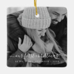 Our First Christmas Hand Lettered Photo Ceramic Ornament<br><div class="desc">Our First as Mr. and Mrs. Christmas Hand Lettered Black and White Photo Template Ornament with your name and picture makes a perfect Personalised Christmas Gift for newlyweds after their wedding. This modern and elegant photo Christmas ornament makes a great gift for a grandma,  grandpa,  mum or dad.</div>