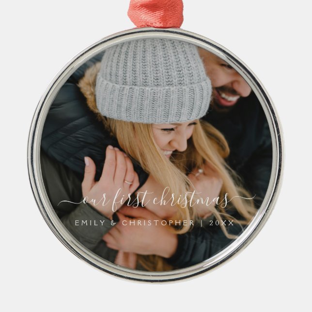 Our First Christmas Hand Lettered Photo Template Metal Tree Decoration (Front)