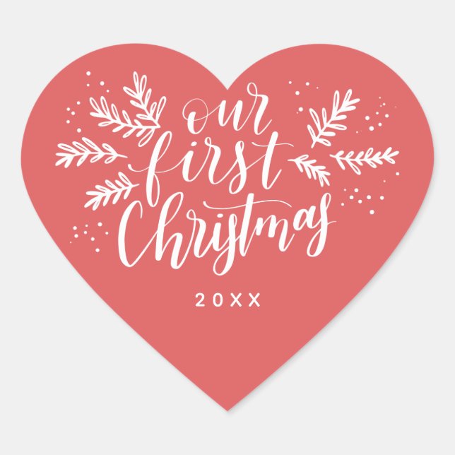 Our First Christmas Hand-lettered Red with Year Heart Sticker (Front)