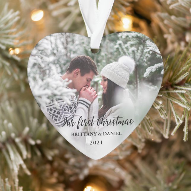 Our First Christmas Heart Couple Photo Ornament (Tree)