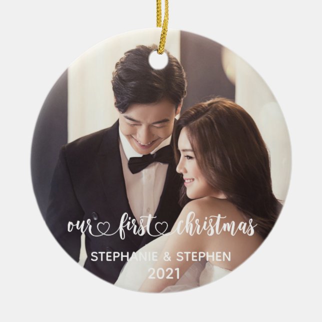 Our First Christmas Heart Hand Lettered Photo Ceramic Tree Decoration (Front)