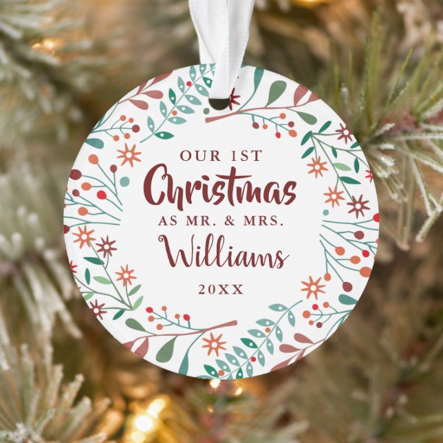 Our First Christmas Holiday Floral Mr Mrs Photo Ornament (Tree)
