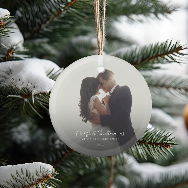 Our First Christmas Holiday Married Wedding Photo Glass Tree Decoration (First Christmas as Mr and Mrs Photo Glass Ornament)