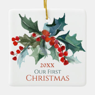 Our First Christmas Holly and Berries with Names Ceramic Ornament