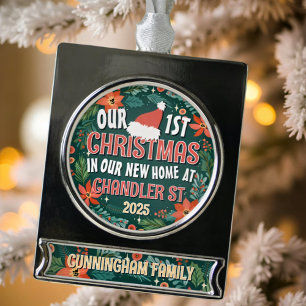 Our First Christmas in our New Home Bold Wreath Silver Plated Banner Ornament