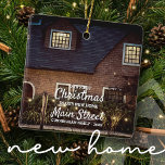 Our First Christmas in our New Home Custom Photo Ceramic Ornament<br><div class="desc">First Christmas  in <add name="" of="" your="" street=""> Street in classic and simple serif  and cursive script typography. Add custom house or home photo,  family name and year.</add></div>