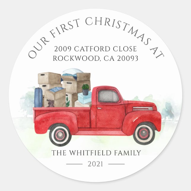 Our First Christmas in Our New Home for Holidays Classic Round Sticker (Front)