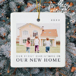 Our First Christmas In Our New Home Modern Chic Ceramic Ornament<br><div class="desc">Design is composed of modern chic typography with sans serif and serif font. Add a custom photo of family and new home and year.</div>